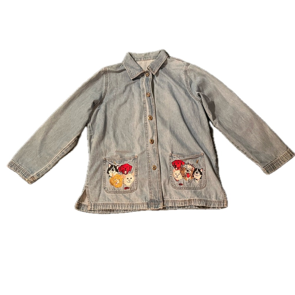 Vintage Embroidered Cat Dog Denim Shirt Jacket Pet Chore Coat Sz L 80s 90s